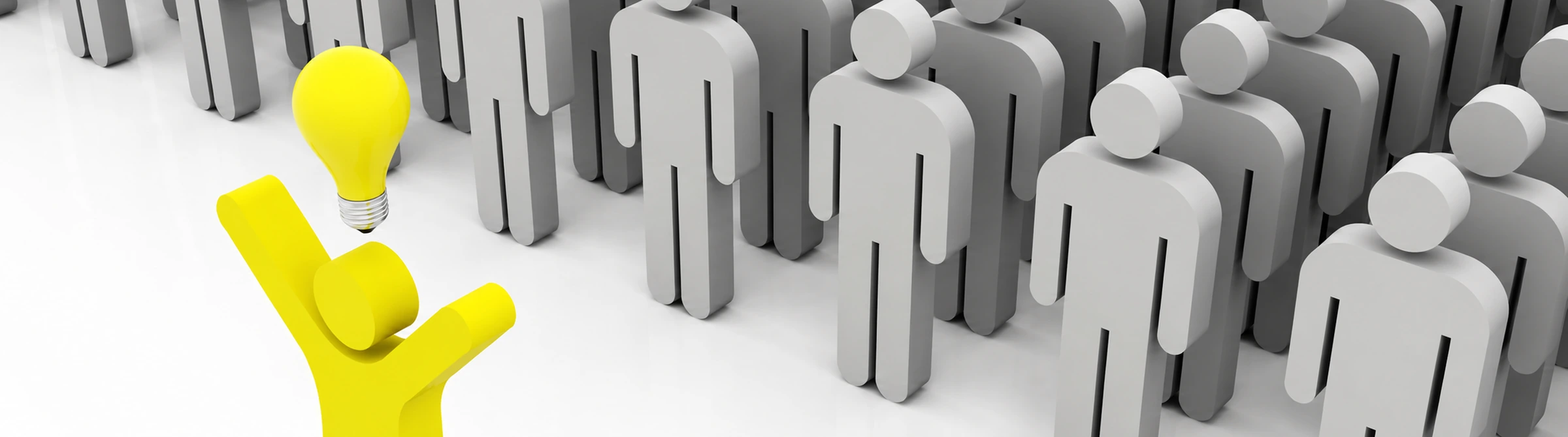 A yellow figure with a raised arm and a lightbulb above its head, standing apart from a crowd of grey figures
