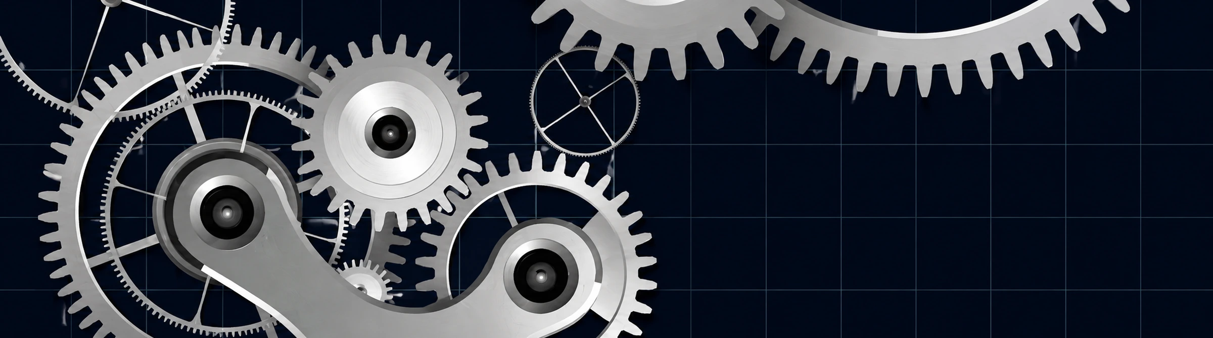 Silver mechanical gears interlocking against a dark navy grid background
