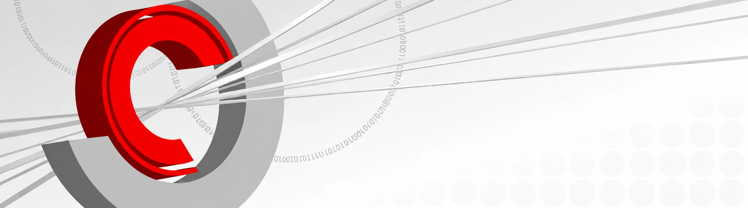Red 3D letter C shape with light trails and binary code radiating across a white background
